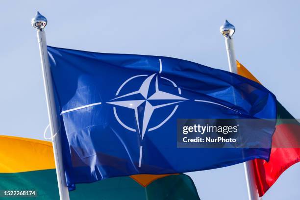 Flag is seen during NATO Summit at LITEXPO Lithuanian Exhibition and Congress Center in Vilnius, Lithuania on July 11, 2023.