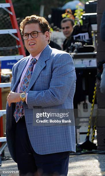 Jonah Hill filming on location for "The Wolf Of Wall Street" on September 17, 2012 in Emerson, New Jersey.