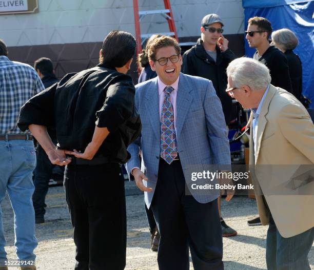 Jonah Hill, Jon Bernthal and director Martin Scorsese filming on location for "The Wolf Of Wall Street" on September 17, 2012 in Emerson, New Jersey.