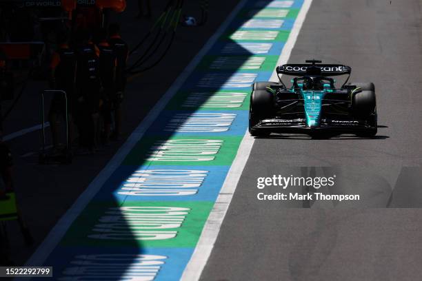Fernando Alonso of Spain driving the Aston Martin AMR23 Mercedes on track during practice ahead of the F1 Grand Prix of Great Britain at Silverstone...