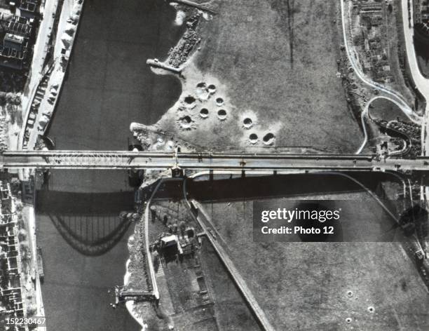 Aerial view of the highway bridge in Arnhem where several thousand British airborne troops held out for nine days during the 'Market-Garden'...