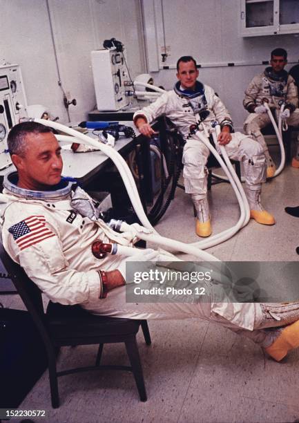 Crew of Apollo 1, from the foreground, commandant Virgil Grissom, Edward White and Roger Chaffee, Members of the crew will die in a tragic accident,...