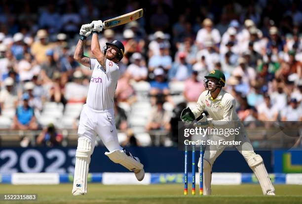 England captain Ben Stokes hits out for six runs watched by Australia wicketkeeper Alex Carey during Day Two of the LV= Insurance Ashes 3rd Test...