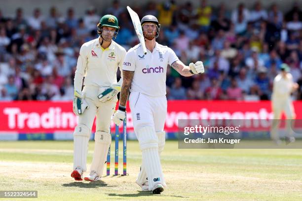 England captain Ben Stokes throws his bat in the air after being dismissed by Todd Murphy of Australia during Day Two of the LV= Insurance Ashes 3rd...