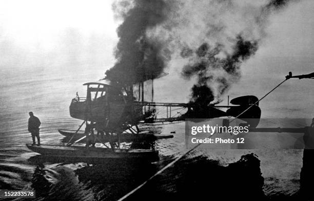 France, 8-4-1916, World War I, Capture of a German hydroplane in the North Sea by a French torpedo boat, The pilot is getting ready to jump from the...