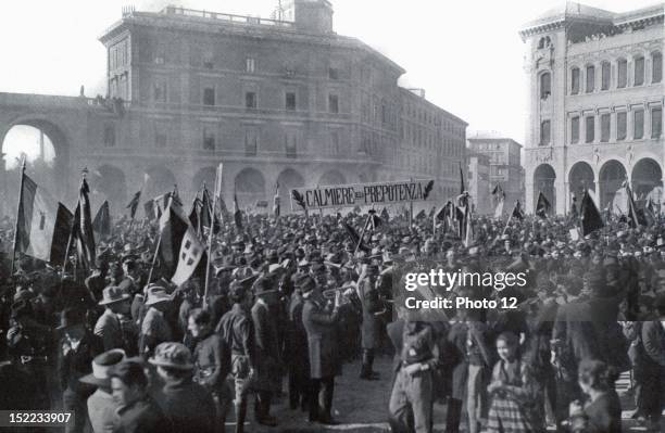 Italy Fascist demonstration against Prefect Mori, in Bologna, A prostest against Communist oppression is written on the placard.