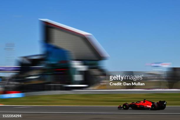 Charles Leclerc of Monaco driving the Ferrari SF-23 on track during practice ahead of the F1 Grand Prix of Great Britain at Silverstone Circuit on...