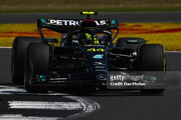 Lewis Hamilton of Great Britain driving the Mercedes AMG Petronas F1 Team W14 on track during practice ahead of the F1 Grand Prix of Great Britain at...