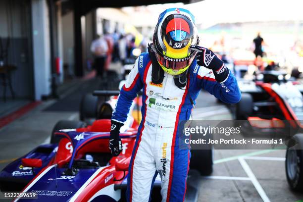 Pole position qualifier Leonardo Fornaroli of Italy and Trident celebrates in parc ferme during qualifying ahead of Round 7:Silverstone of the...