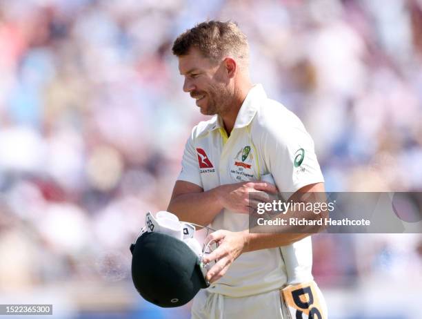 David Warner of Australia leaves the field after being dismissed by Stuart Broad of England during Day Two of the LV= Insurance Ashes 3rd Test Match...