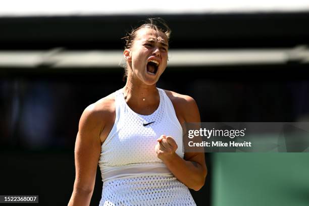 Aryna Sabalenka celebrates against Varvara Gracheva in the Women's Singles second round match during day five of The Championships Wimbledon 2023 at...