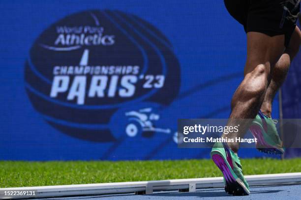 An athlete runs past a logo while testing the timekeeping system ahead of the Para Athletics World Championships Paris 2023 at Stade Charlety on July...