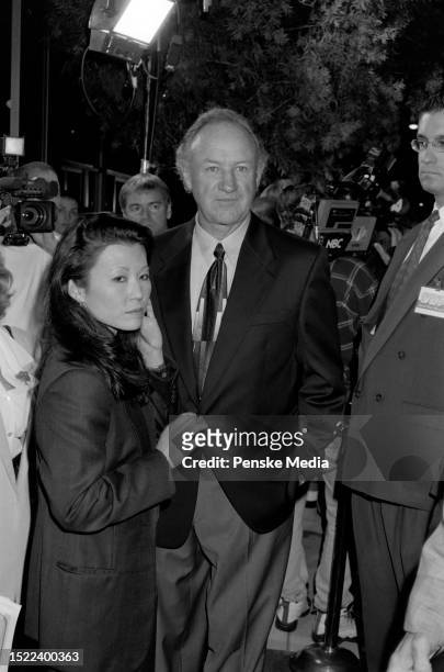 Betsy Arakawa and Gene Hackman attend the local premiere of "The Chamber" at the headquarters of the Academy of Motion Picture Arts and Sciences in...