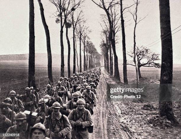 World War I An infantry regiment about to move into position, in the French lines between Amiens and Montdidier.