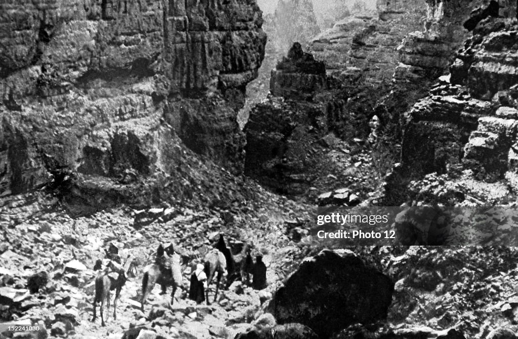 Algeria, 1926, Bruneau de Laborie's expedition in Sahara, The convoy entering into the depths of Asafao gorges, at the south of the Azdjer Tassili region