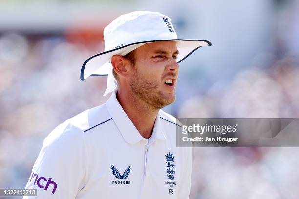 Stuart Broad of England looks on during Day Two of the LV= Insurance Ashes 3rd Test Match between England and Australia at Headingley on July 07,...