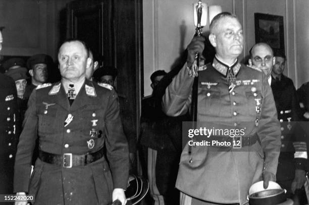 German delegates take their leave from Allied commanders after signing May 9 at the Soviet Army Headquarters in Berlin, the ratification of the...