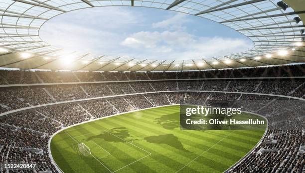 Soccer stadium with a worldmap on the playing field