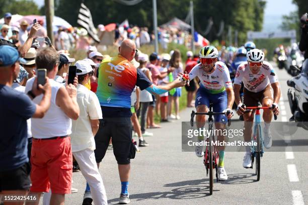 Pierre Latour of France and Team TotalEnergies and Nans Peters of France and Ag2R Citroën Team compete in the breakaway during the stage seven of the...