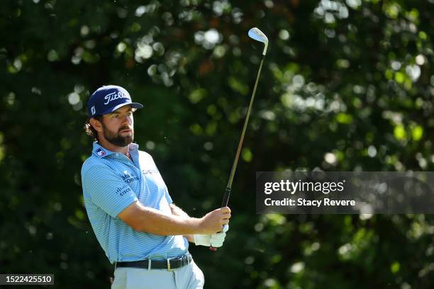 Cameron Young of the United States plays his shot from the 16th tee during the second round of the John Deere Classic at TPC Deere Run on July 07,...