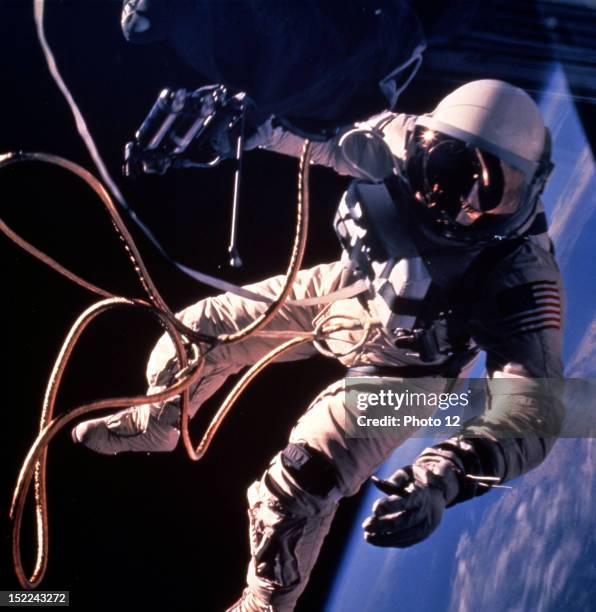 View of American astronaut Ed White during a spacewalk as part of NASA's Gemini 4 mission, June 3, 1965.