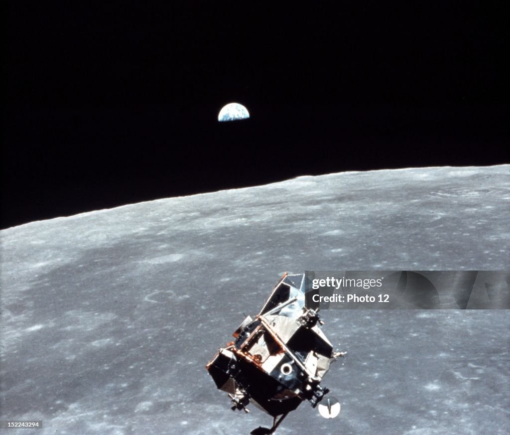 LEM, Earth and Moon photographed from the Apollo XI Command module in Moon orbit