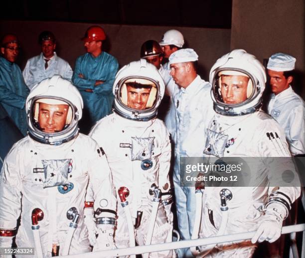 First Apollo crew, From left, Virgil Grissom, Roger Chaffee, Edward White, The flight is scheduded for, early 1967 , On January 27 tragedy struck the...