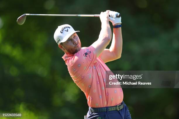 Chris Stroud of the United States plays his shot from the sixth tee during the second round of the John Deere Classic at TPC Deere Run on July 07,...