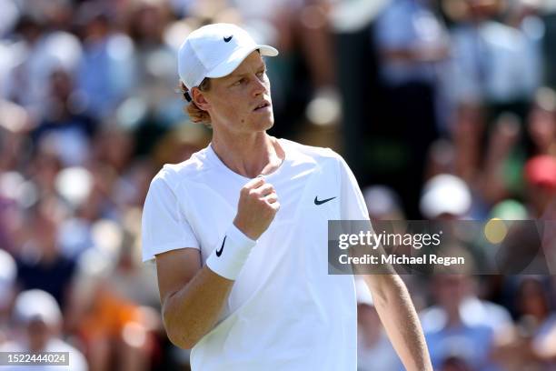 Jannik Sinner of Italy celebrates against Quentin Halys of France in the Men's Singles third round match during day five of The Championships...