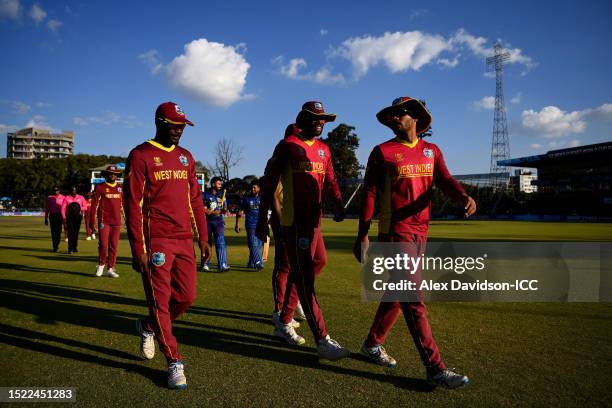 Players of West Indies leave the field following defeat to Sri Lanka during the ICC Men's Cricket World Cup Qualifier Zimbabwe 2023 Super 6 match...