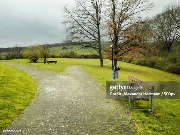 empty bench on field against sky,niedersachsen,germany - hermann park stock pictures, royalty-free photos & images