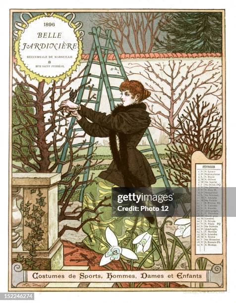 Belle jardiniere calendar, Month of February, Woman pruning a tree France, Private collection.