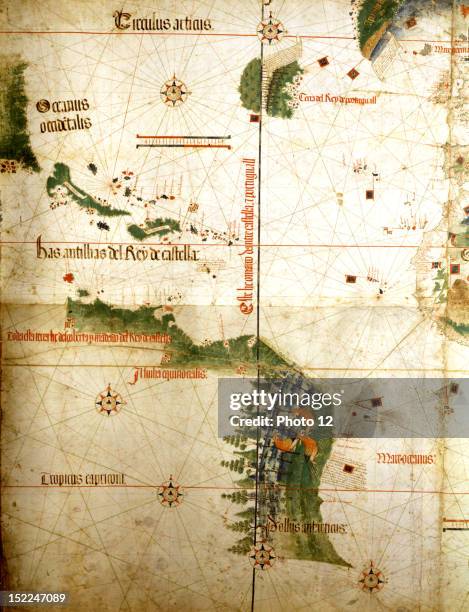 Portuguese map, known as Cantino map, indicating the limiting line between Spanish and Portuguese territories, set by the treaty of Tordesillas , c...