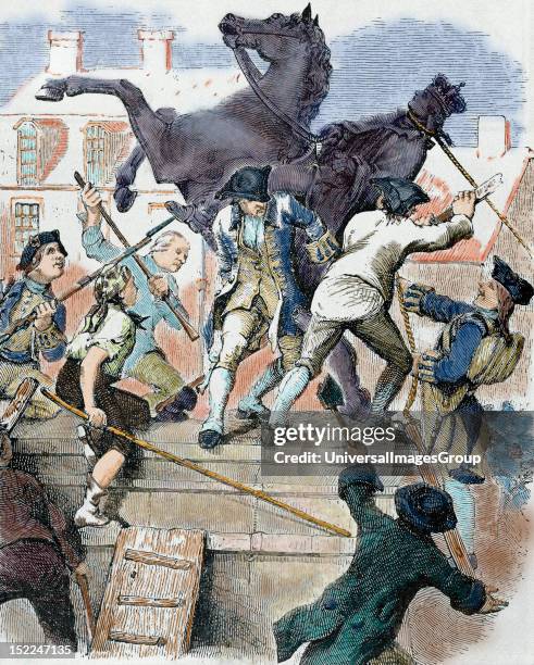 Unites States, American War of Independence , American revolutionaries toppling the statue of the English King George III who, after being fused, was...