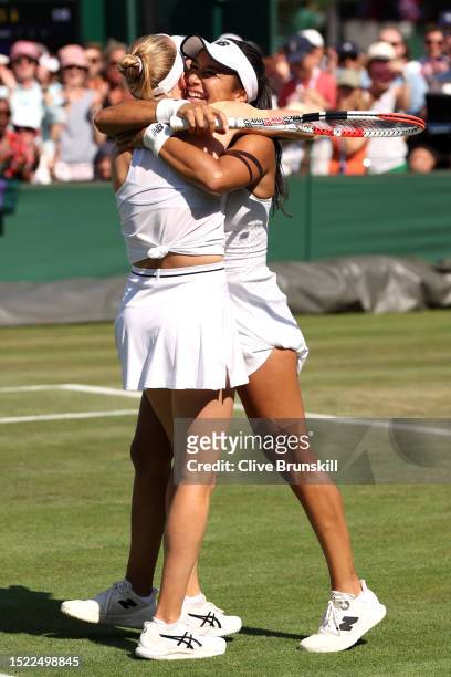 Heather Watson of Great Britain and Harriet Dart of Great Britain celebrate winning match point against Lyudmyla Kichenok of Ukraine and Jelena...