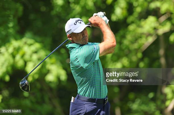 Jonathan Byrd of the United States plays his shot from the 17th tee during the second round of the John Deere Classic at TPC Deere Run on July 07,...
