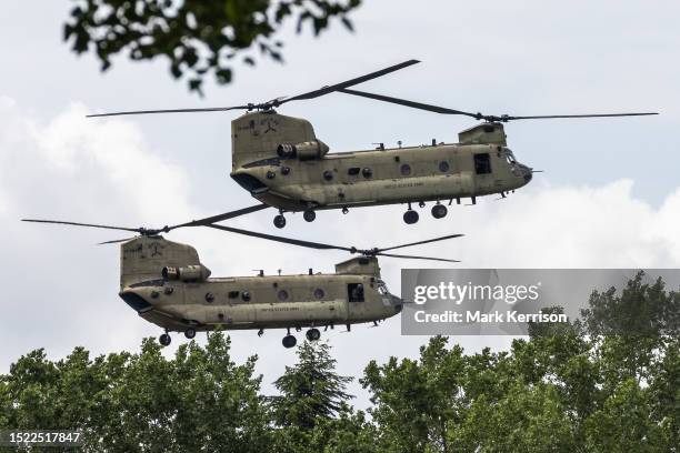 Two US Army CH-47 Chinooks land at Windsor Castle on the occasion of a visit by US President Joe Biden on 10 July 2023 in Windsor, United Kingdom....