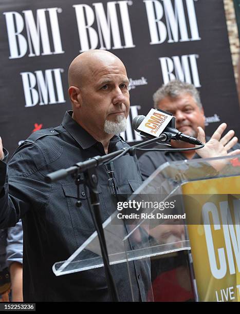 Jeff Stevens Producer addresses the crowd during the BMI, ASCAP & CMA Party For "Drunk On You" Performed By Luke Bryan Co-Writers Rodney Clawson Josh...