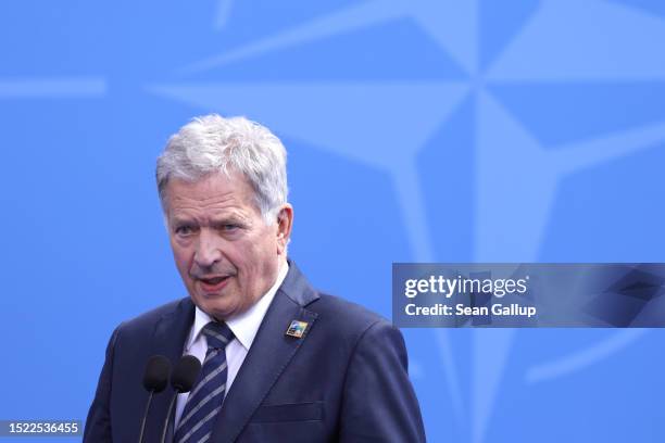 President of Finland Sauli Niinisto speaks to the media on the first day of the 2023 NATO Summit on July 11, 2023 in Vilnius, Lithuania. The summit...