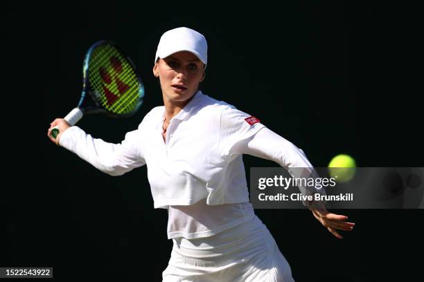 Ana Bogdan of Romania plays a forehand against Lesia Tsurenko of Ukraine in the Women's Singles third round match during day five of The...