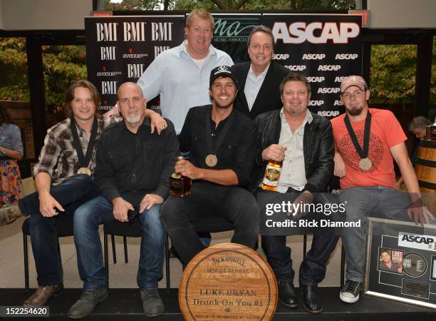 Back row: Mike Sistad ASCAP and Jody Williams BMI. Front row: Josh Kear Producer Jeff Stevens, Luke Bryan Rodney Clawson and Chris Tompkins at The...