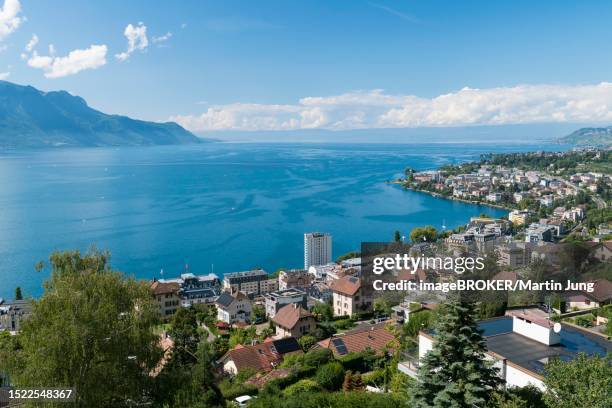 view of montreux and lake geneva, montreux, lac leman, district de la riviera-pays-d'enhaut, canton vaud, switzerland - vaud canton stockfoto's en -beelden