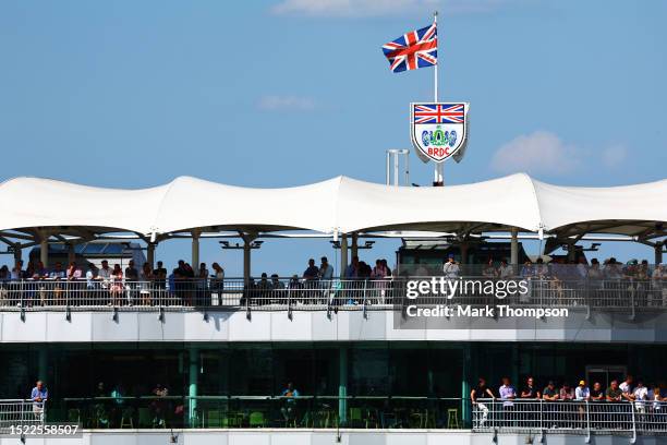 Fans are seen in the BRDC Grandstand during practice ahead of the F1 Grand Prix of Great Britain at Silverstone Circuit on July 07, 2023 in...