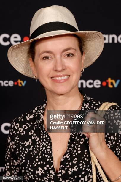France Televisions' host Sophie Jovillard poses before a press conference to present the new season of France Televisions audiovisual group on July...
