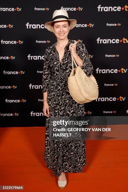 France Televisions' host Sophie Jovillard poses before a press conference to present the new season of France Televisions audiovisual group on July...