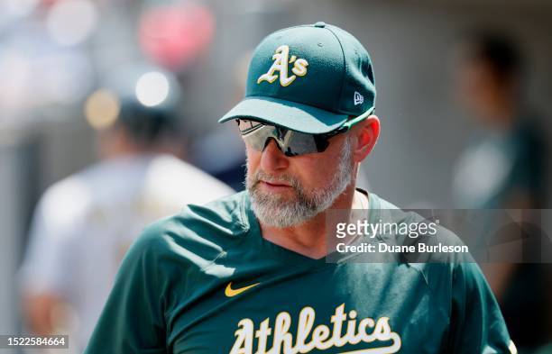 Manager Mark Kotsay of the Oakland Athletics looks on during the ninth inning against the Detroit Tigers at Comerica Park on July 6, 2023 in Detroit,...