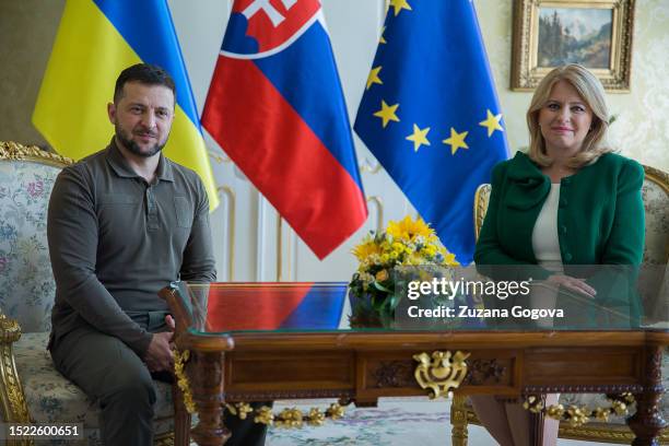 Slovak president Zuzana Caputova poses for the press with Ukrainian president Volodymyr Zelensky on July 7, 2023 in Bratislava, Slovakia. The...