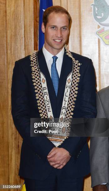 Prince William, Duke of Cambridge is seen wearing a personalised necklace given to him as he visits the Prime Minister of the Solomon Islands Gordon...