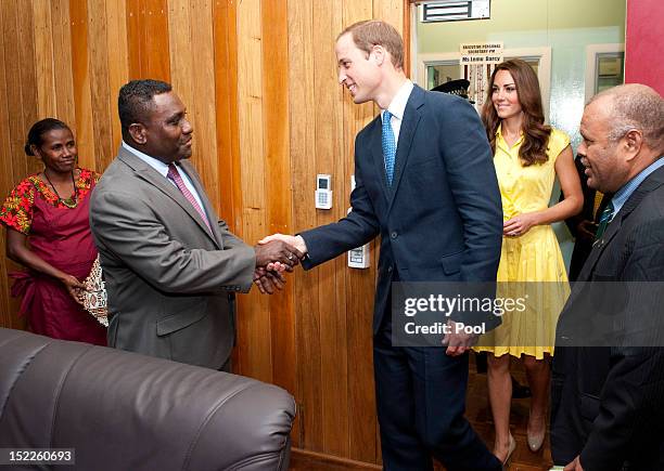Prince William, Duke of Cambridge arrives to meet Prime Minister of the Solomon Islands Gordon Darcy Lilo accompanied by his wife Catherine, Duchess...
