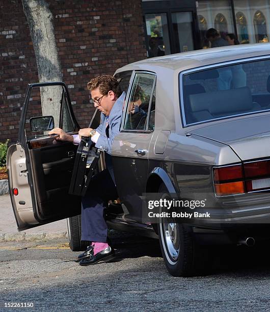 Jonah Hill filming on location for "The Wolf Of Wall Street" on September 17, 2012 in Emerson, New Jersey.